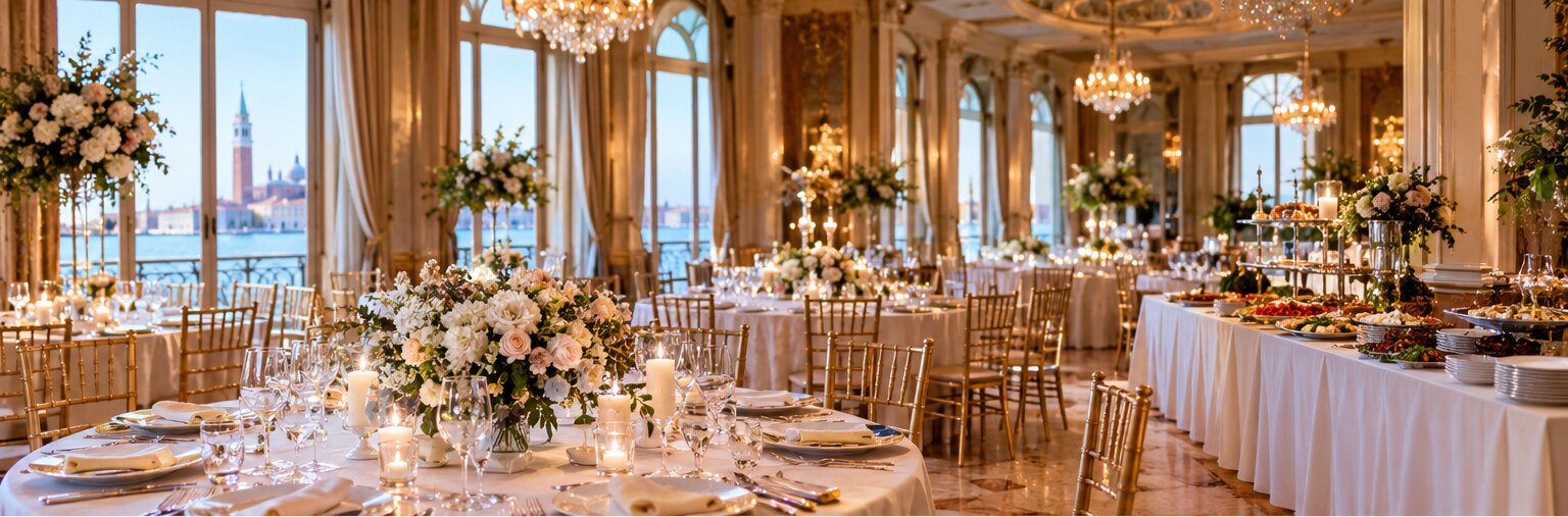 Sala da ricevimento apparecchiata con vista sulla laguna di Venezia