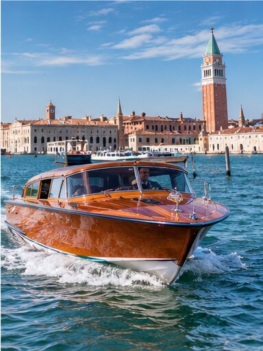 Auto con conducente e motoscafo in legno a Venezia